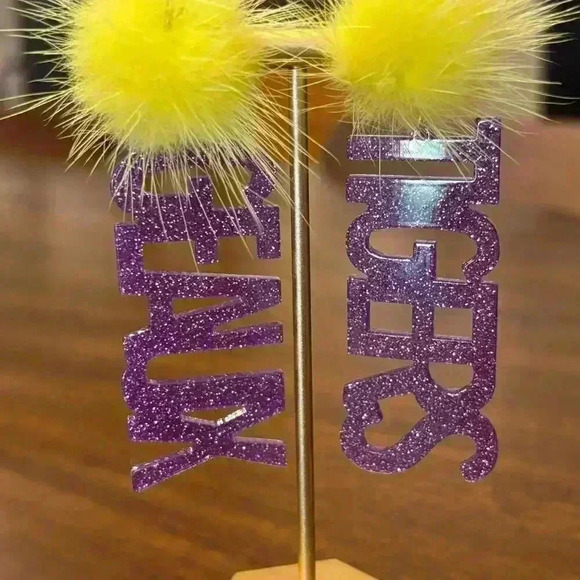 LSU Inspired Geaux Tigers Earrings‎ Purple Gold Mink Pompom Handmade - Picture 1 of 3